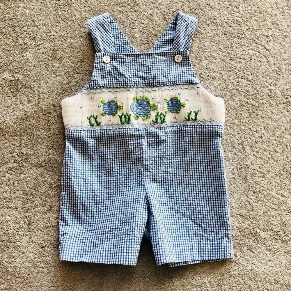 NWOT Vive La Fête Baby Boy Gingam smocked Overalls w/ White Shirt Set(2pc)